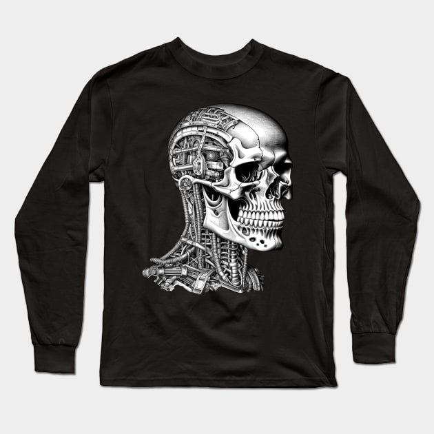 Skull Robot Cyberpunk Sci-Fi Cyborg Long Sleeve T-Shirt by Cosmic Dust Art